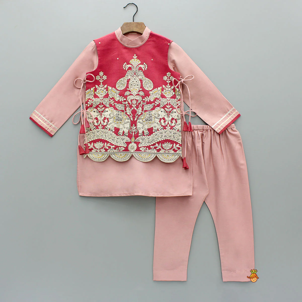 Kurta With Printed Embroidered Jacket And Pyjama