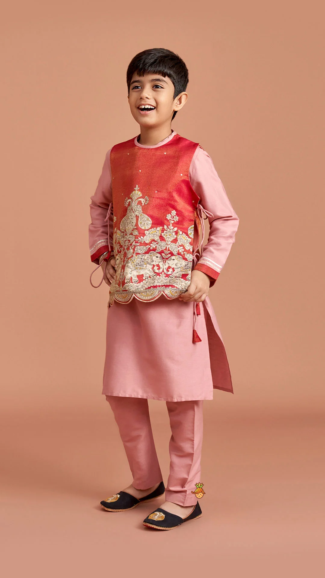 Kurta With Printed Embroidered Jacket And Pyjama - Image 4