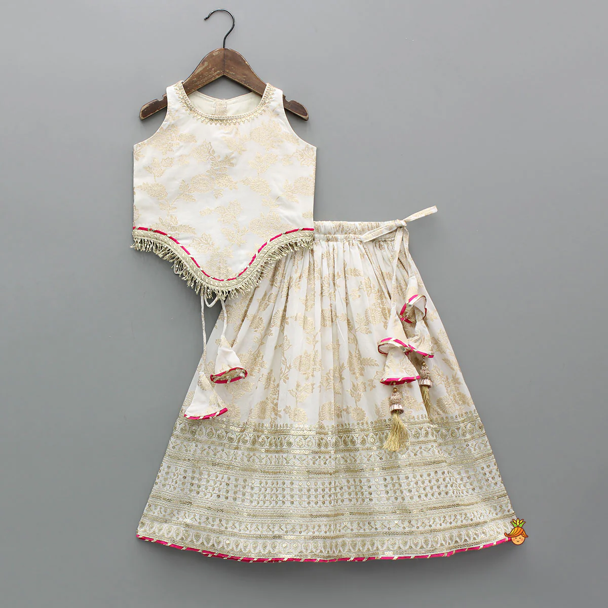 Lace Adorned Floral Sleeveless Top With Sequin Detailed Lehenga