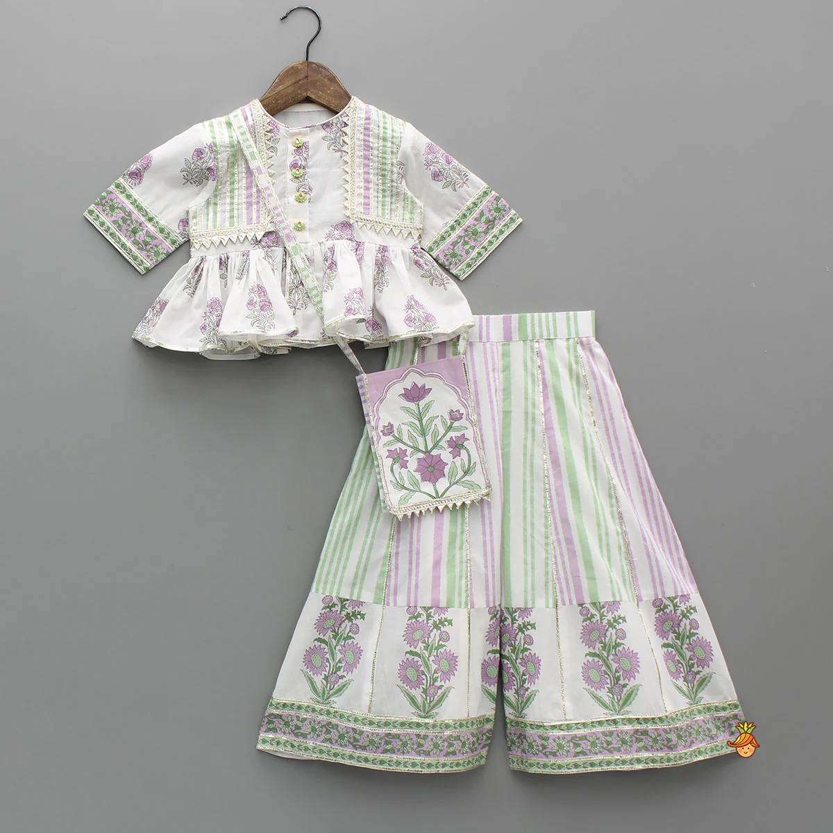 Lace Detailed Floral Printed Top With Printed Palazzo And Sling Bag