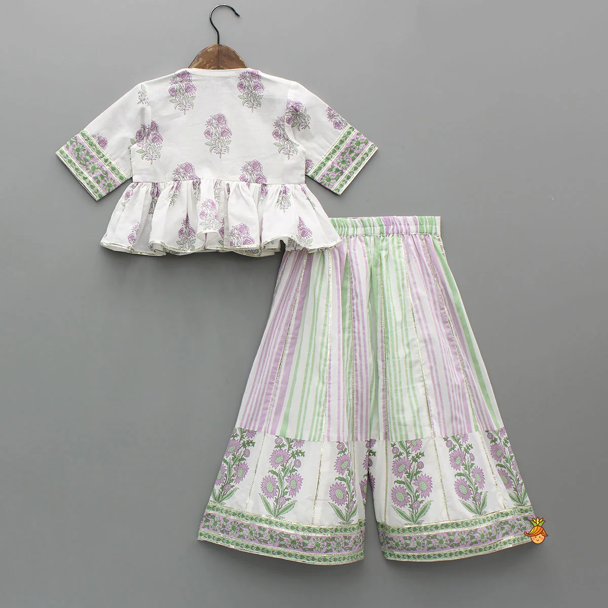 Lace Detailed Floral Printed Top With Printed Palazzo And Sling Bag - Image 2