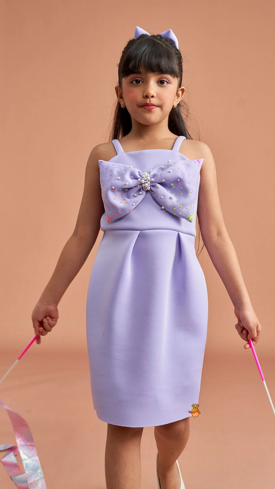 Lavender Bow Embellished Strappy Dress With Matching Bow Hairclip - Image 5