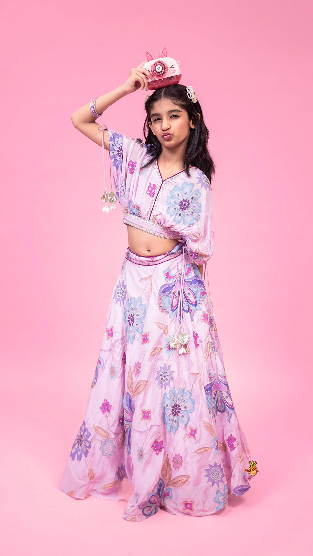 Lavender Floral Printed Embroidered Top With Flared Lehenga And Dupatta - Image 2