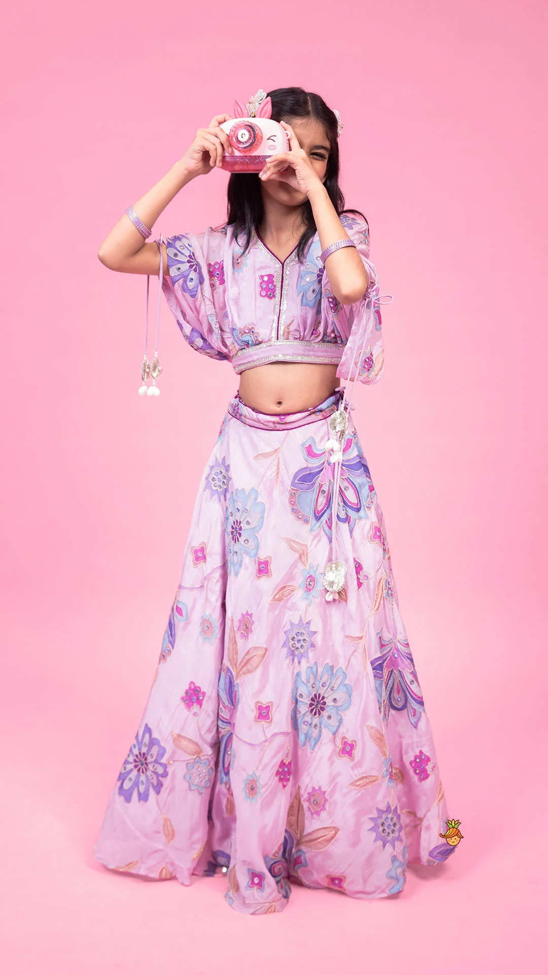 Lavender Floral Printed Embroidered Top With Flared Lehenga And Dupatta - Image 3