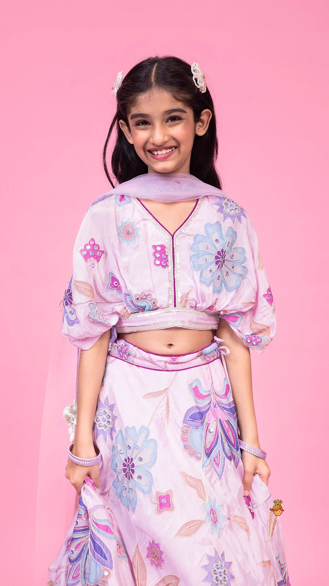 Lavender Floral Printed Embroidered Top With Flared Lehenga And Dupatta - Image 4