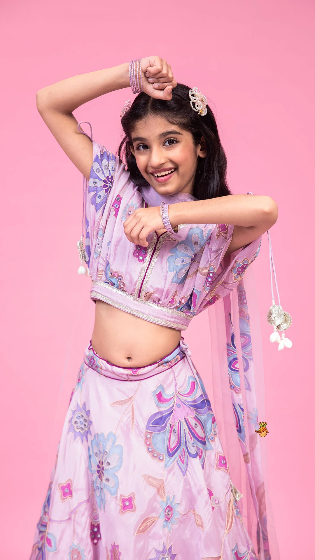 Lavender Floral Printed Embroidered Top With Flared Lehenga And Dupatta - Image 6