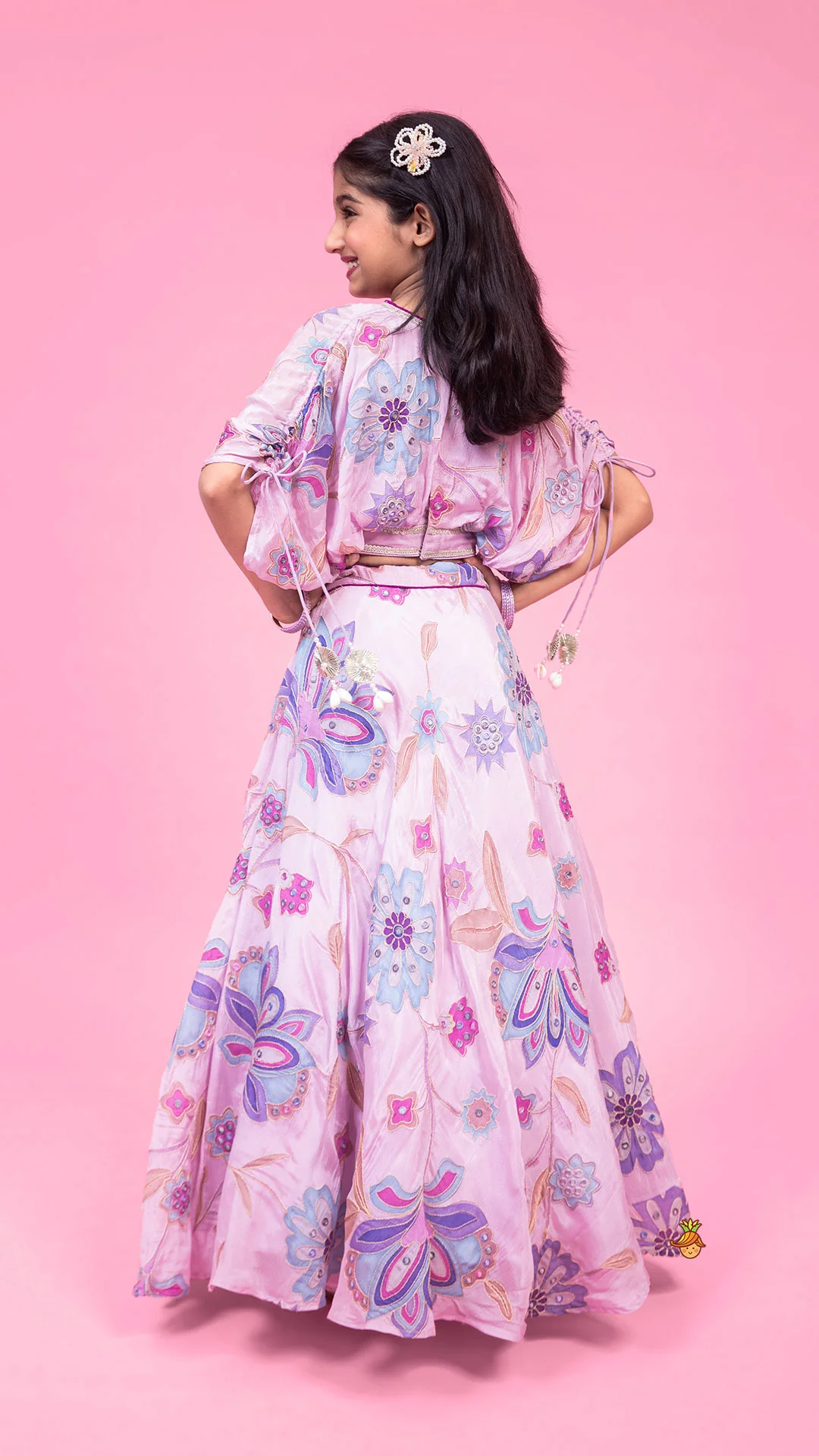 Lavender Floral Printed Embroidered Top With Flared Lehenga And Dupatta - Image 7