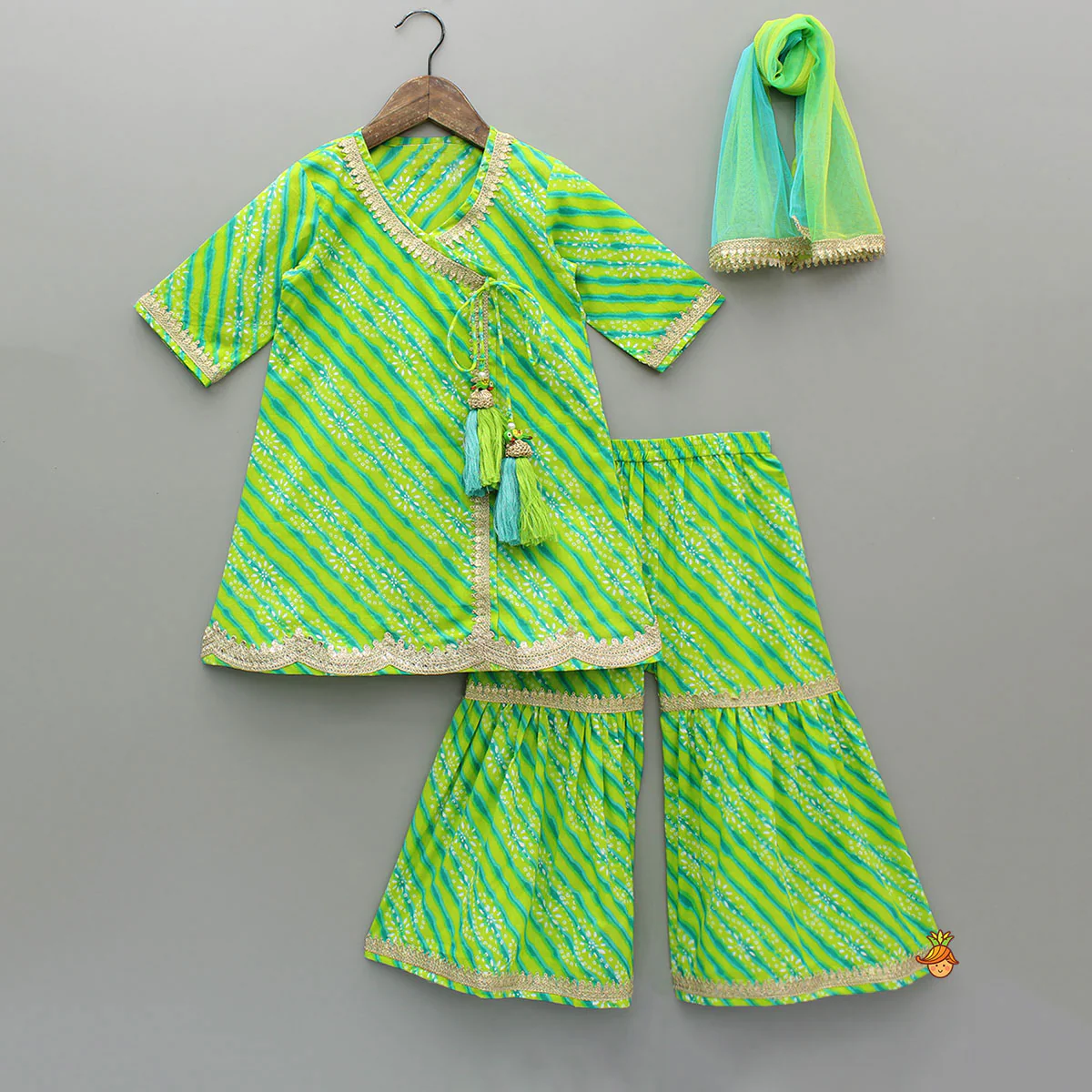 Leheriya And Bandhani Printed Green Kurti With Sharara And Dual-Tone Dupatta