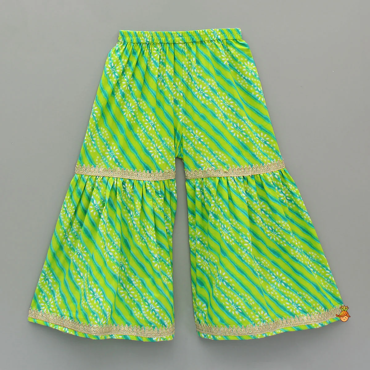 Leheriya And Bandhani Printed Green Kurti With Sharara And Dual-Tone Dupatta - Image 5