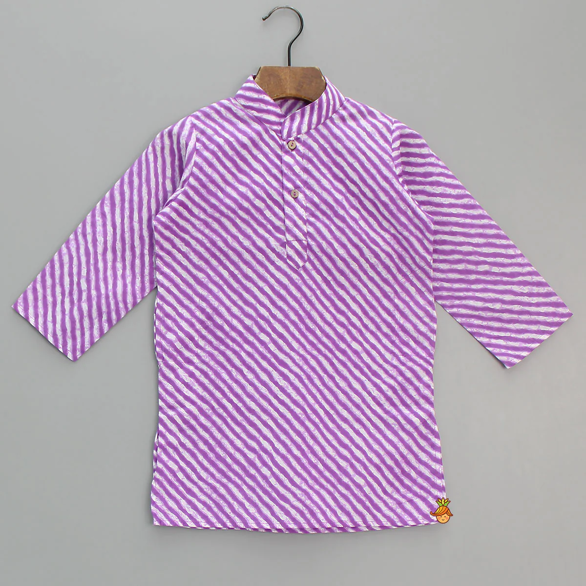 Leheriya Printed Mandarin Collar Purple Kurta With White Pyjama - Image 3