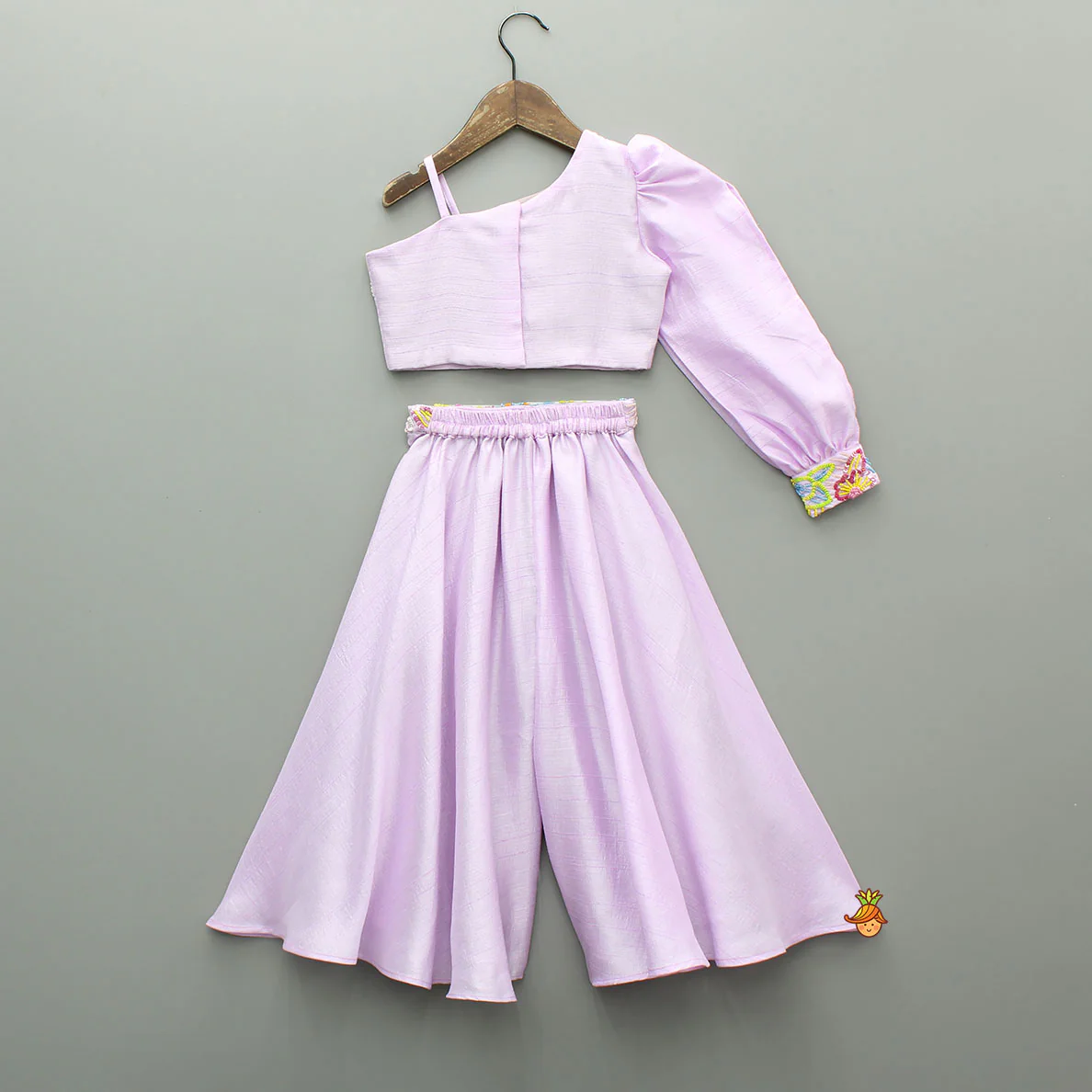 Lilac One Shoulder Floral Embroidered Top With Palazzo And Attached Heart Shaped Pouch - Image 2