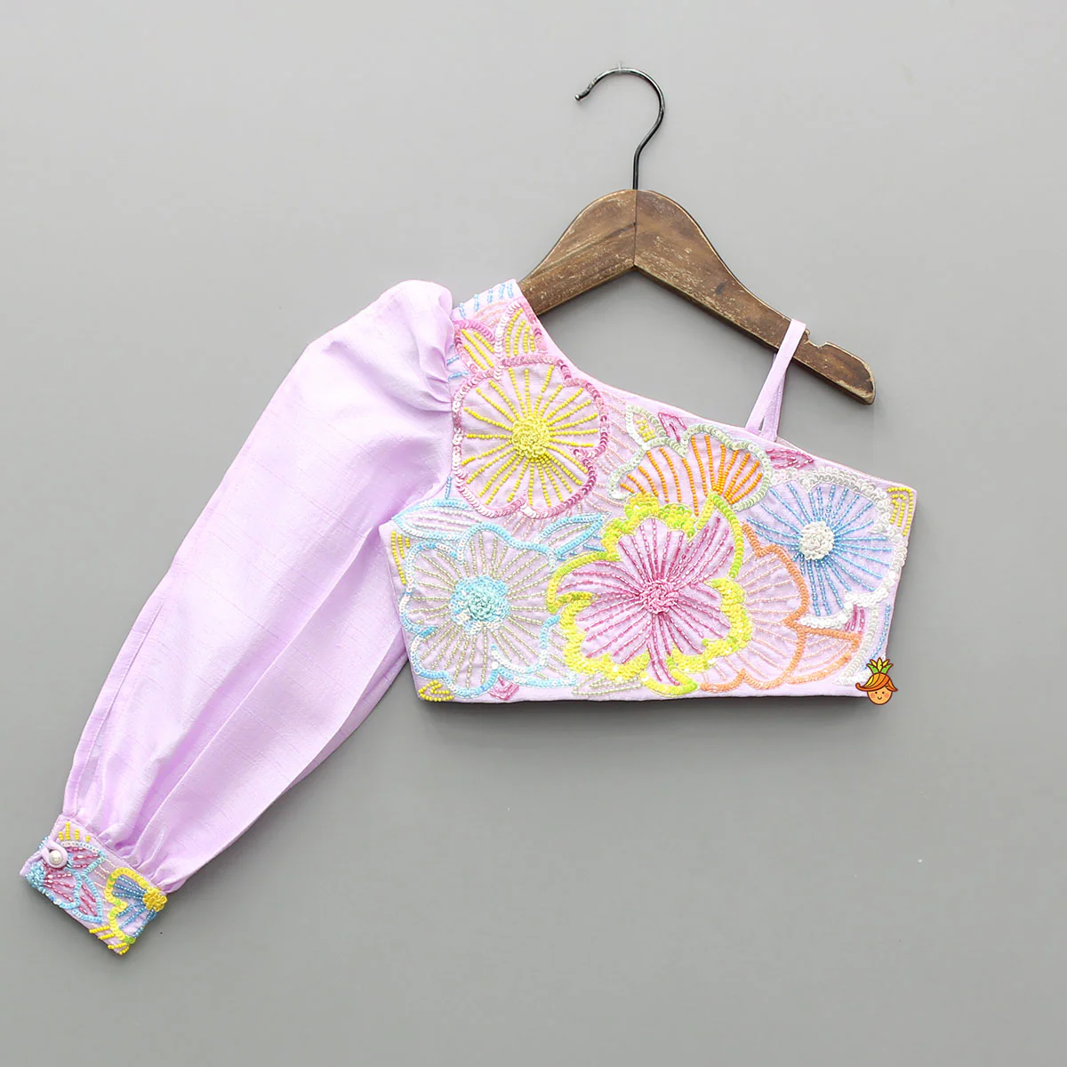 Lilac One Shoulder Floral Embroidered Top With Palazzo And Attached Heart Shaped Pouch - Image 3