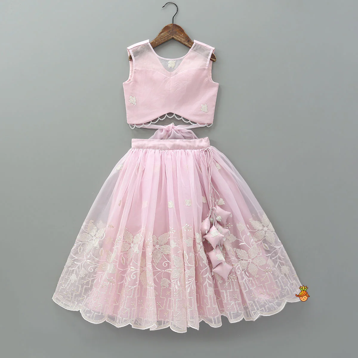 Pink Organza Crop Top With Lehenga