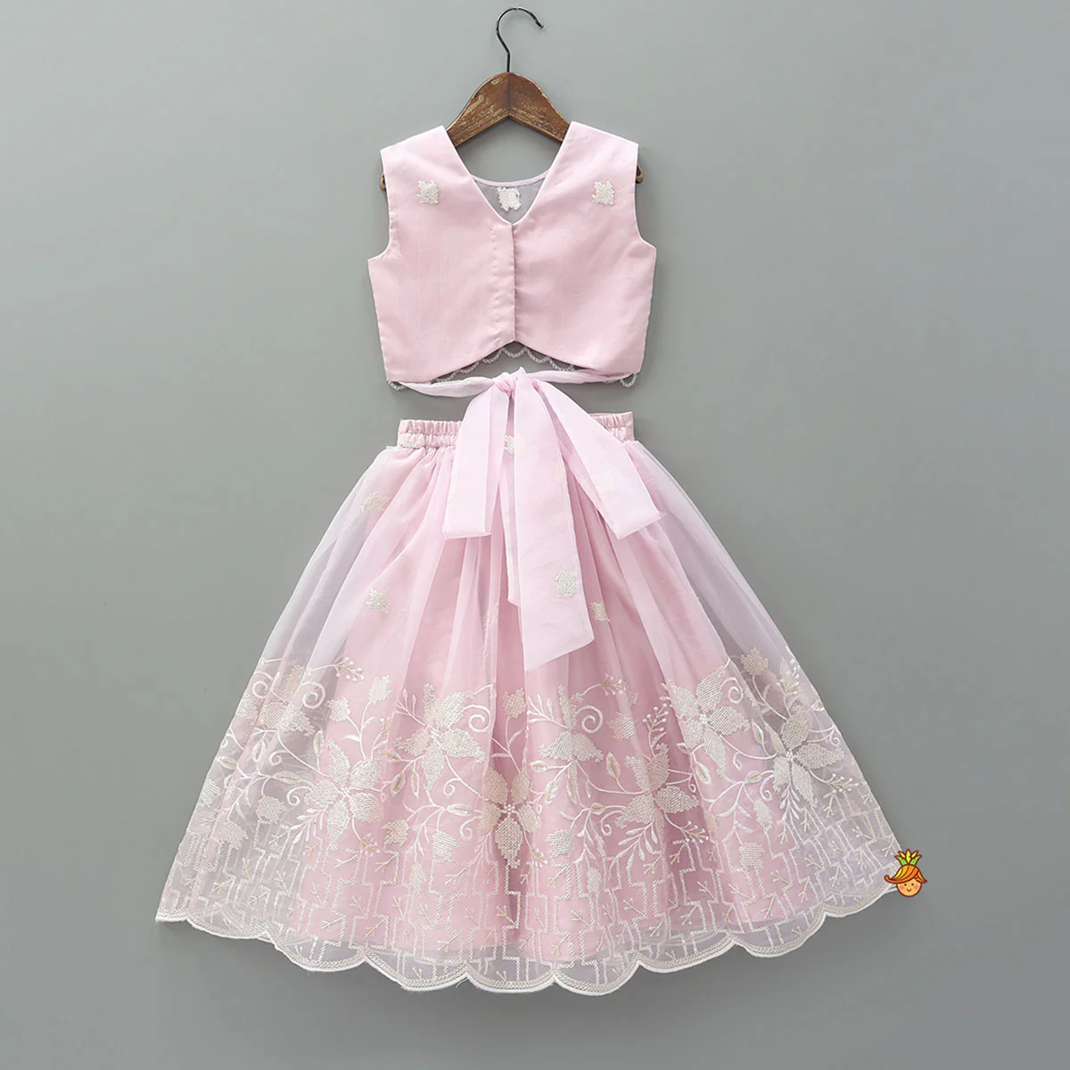 Pink Organza Crop Top With Lehenga - Image 2