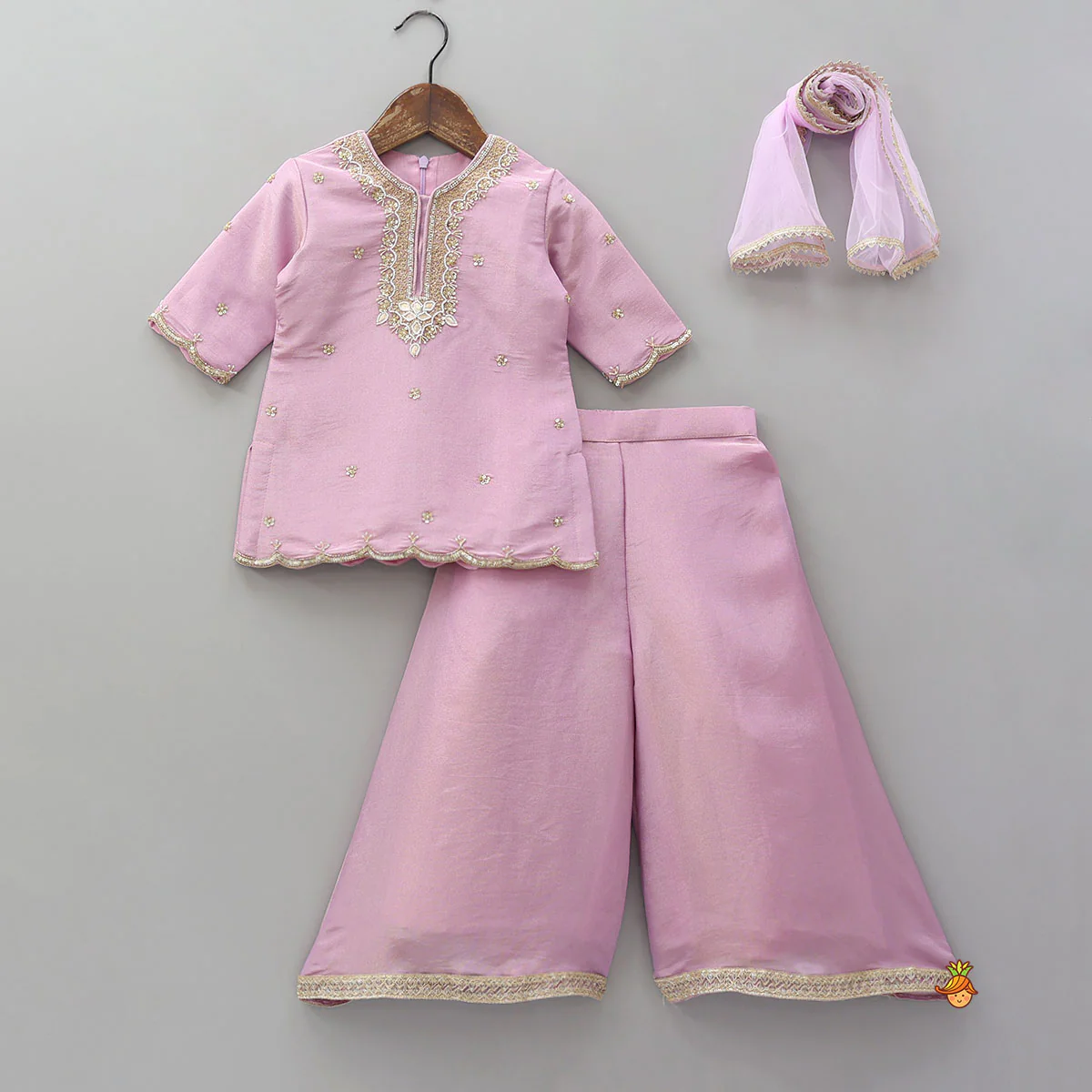 Shimmery Scallop Hem Kurti With Palazzo And Dupatta