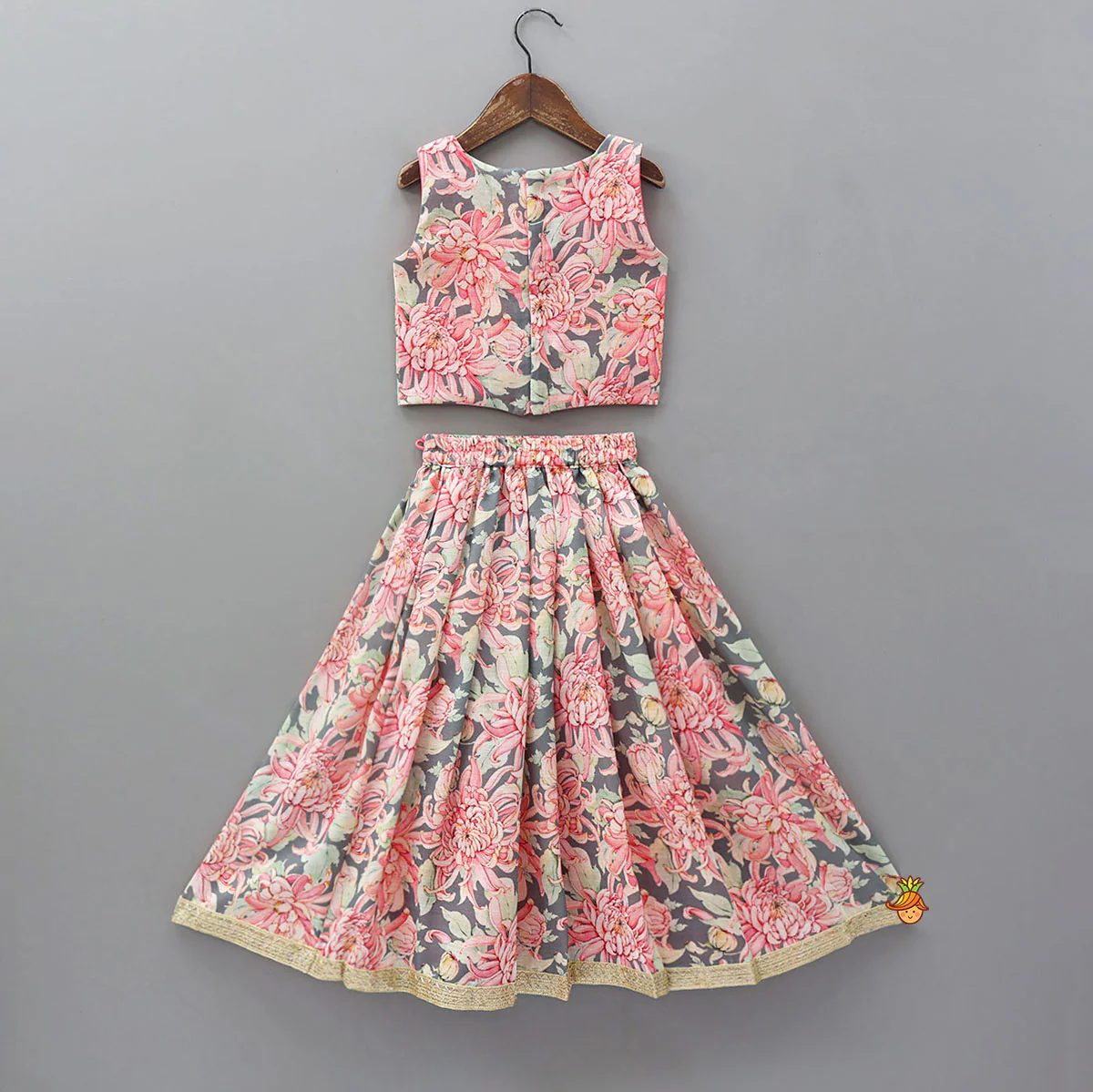 Linen Floral Top With Pleated Lehenga And Matching Net Lace Work Dupatta - Image 2