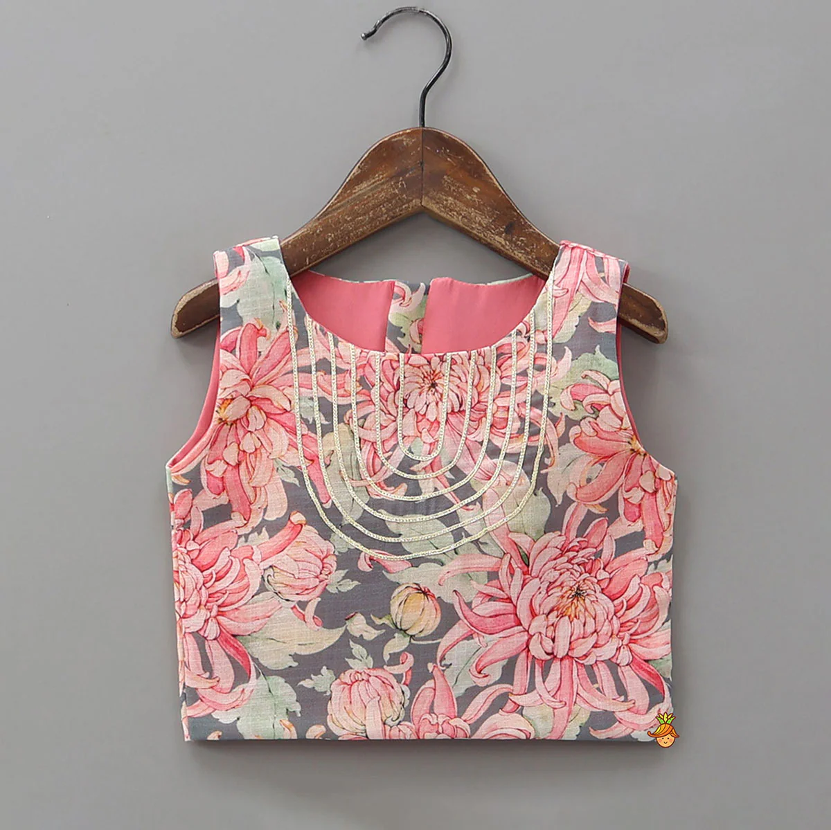 Linen Floral Top With Pleated Lehenga And Matching Net Lace Work Dupatta - Image 4