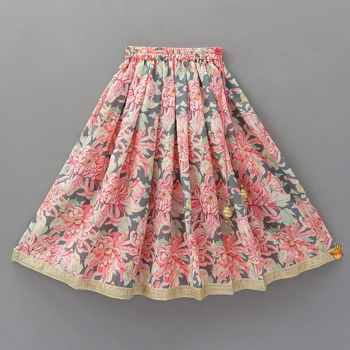 Linen Floral Top With Pleated Lehenga And Matching Net Lace Work Dupatta - Image 5