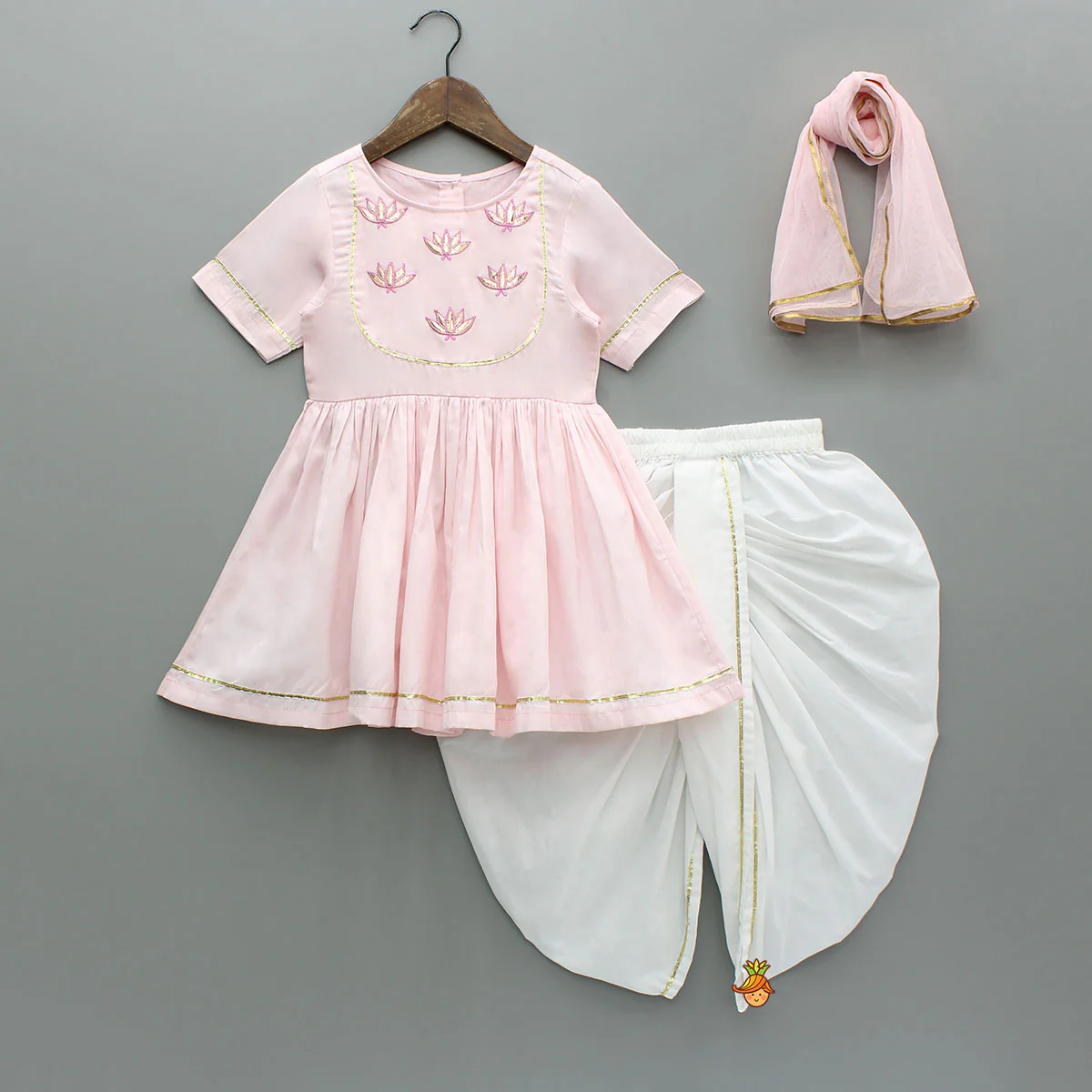 Lotus Embroidered Pink Kurta With Tulip Style Dhoti