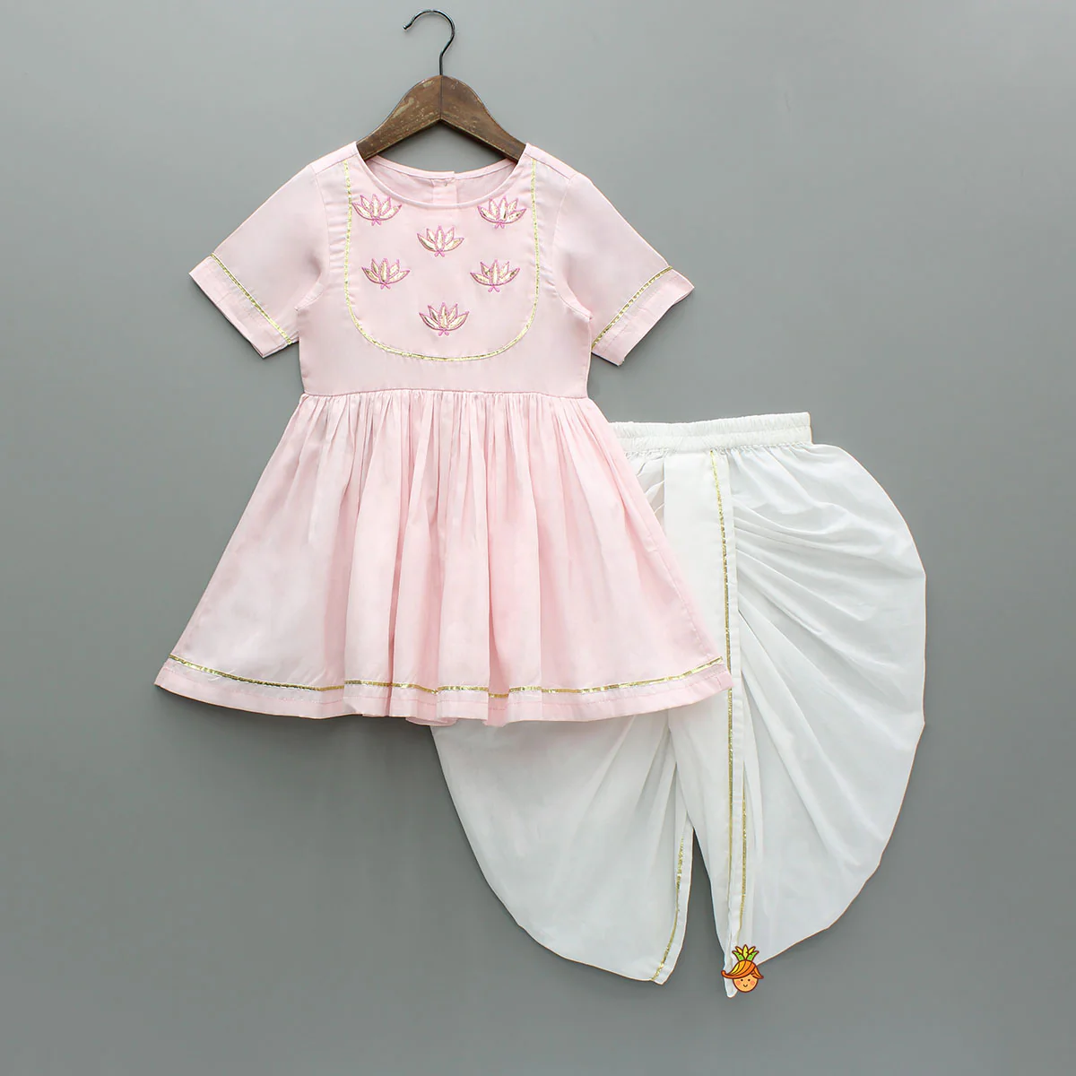 Lotus Embroidered Pink Kurta With Tulip Style Dhoti - Image 3
