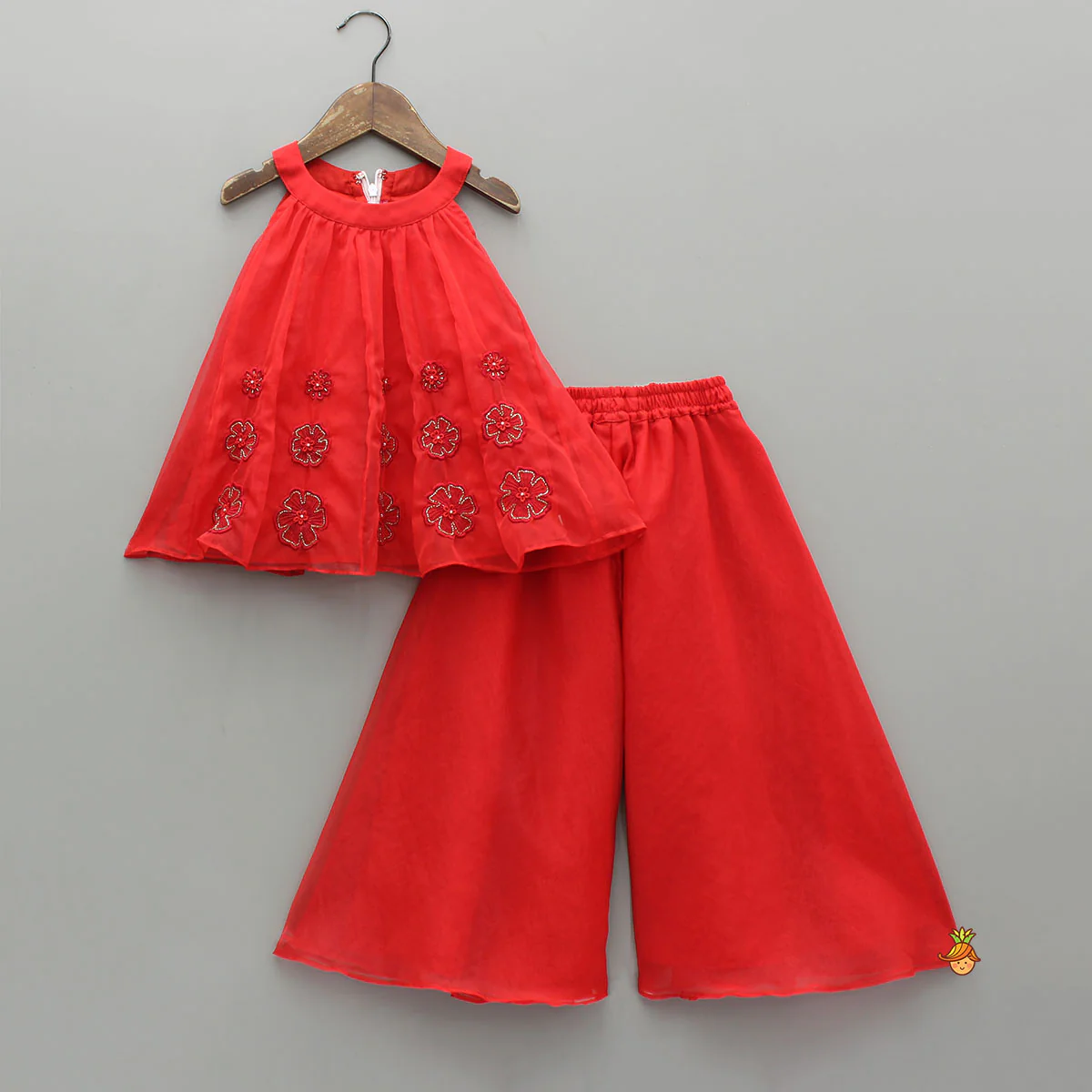 Lovely Red Halter Neck Organza Top And Palazzo