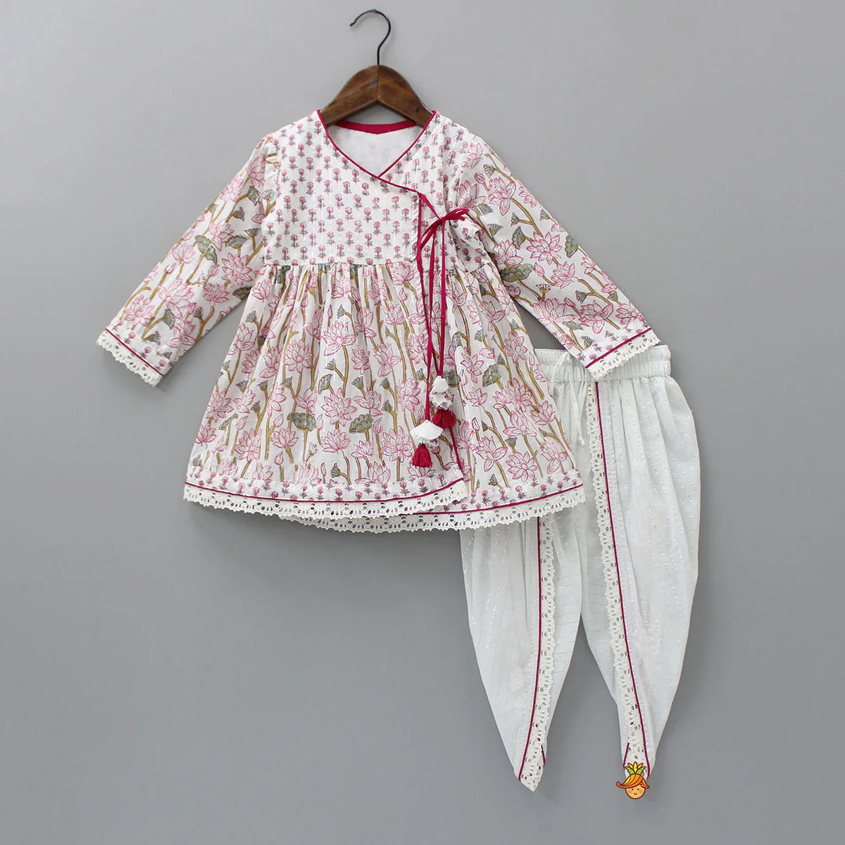 Lurex Striped Hand Block Floral Printed Angarkha Kurti And Dhoti