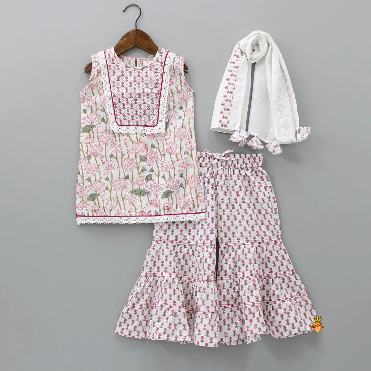 Lurex Striped Hand Block Floral Printed Kurti And Tiered Sharara With Dupatta