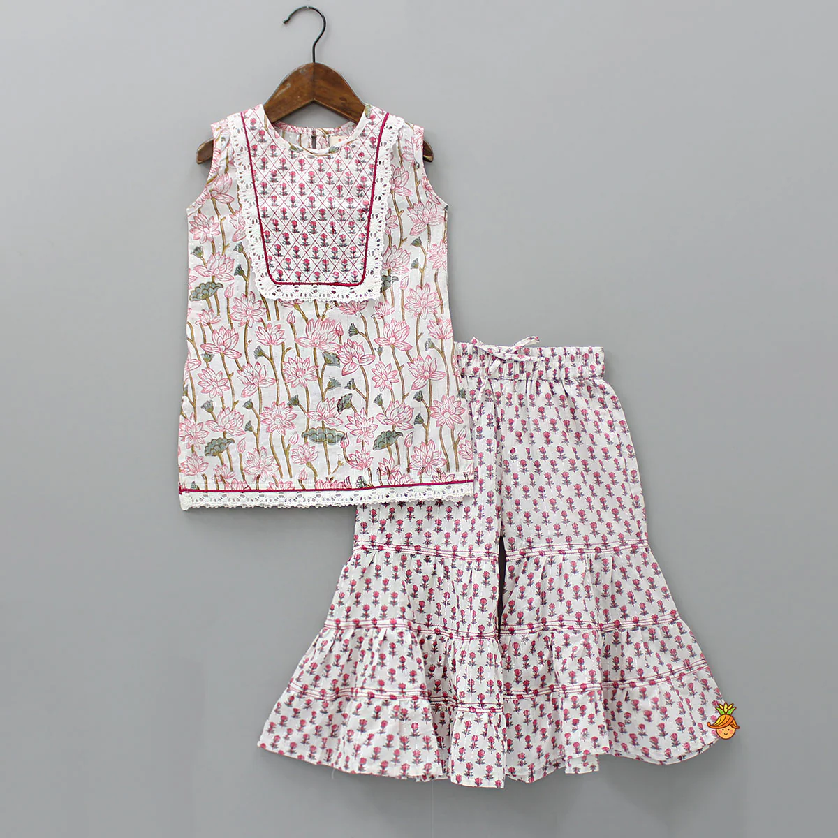 Lurex Striped Hand Block Floral Printed Kurti And Tiered Sharara With Dupatta - Image 3