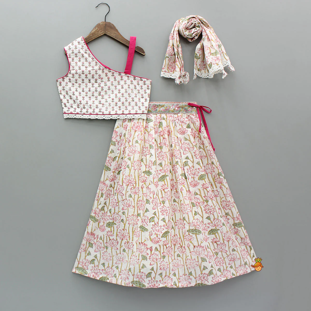 Lurex Striped Hand Block Floral Printed One Shoulder Top And Lehenga With Matching Dupatta