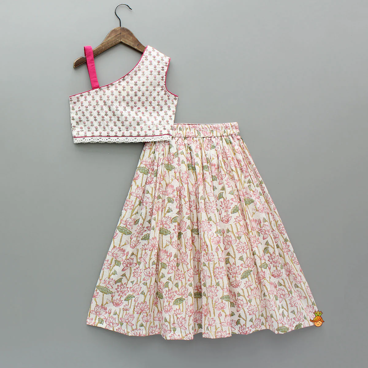 Lurex Striped Hand Block Floral Printed One Shoulder Top And Lehenga With Matching Dupatta - Image 2