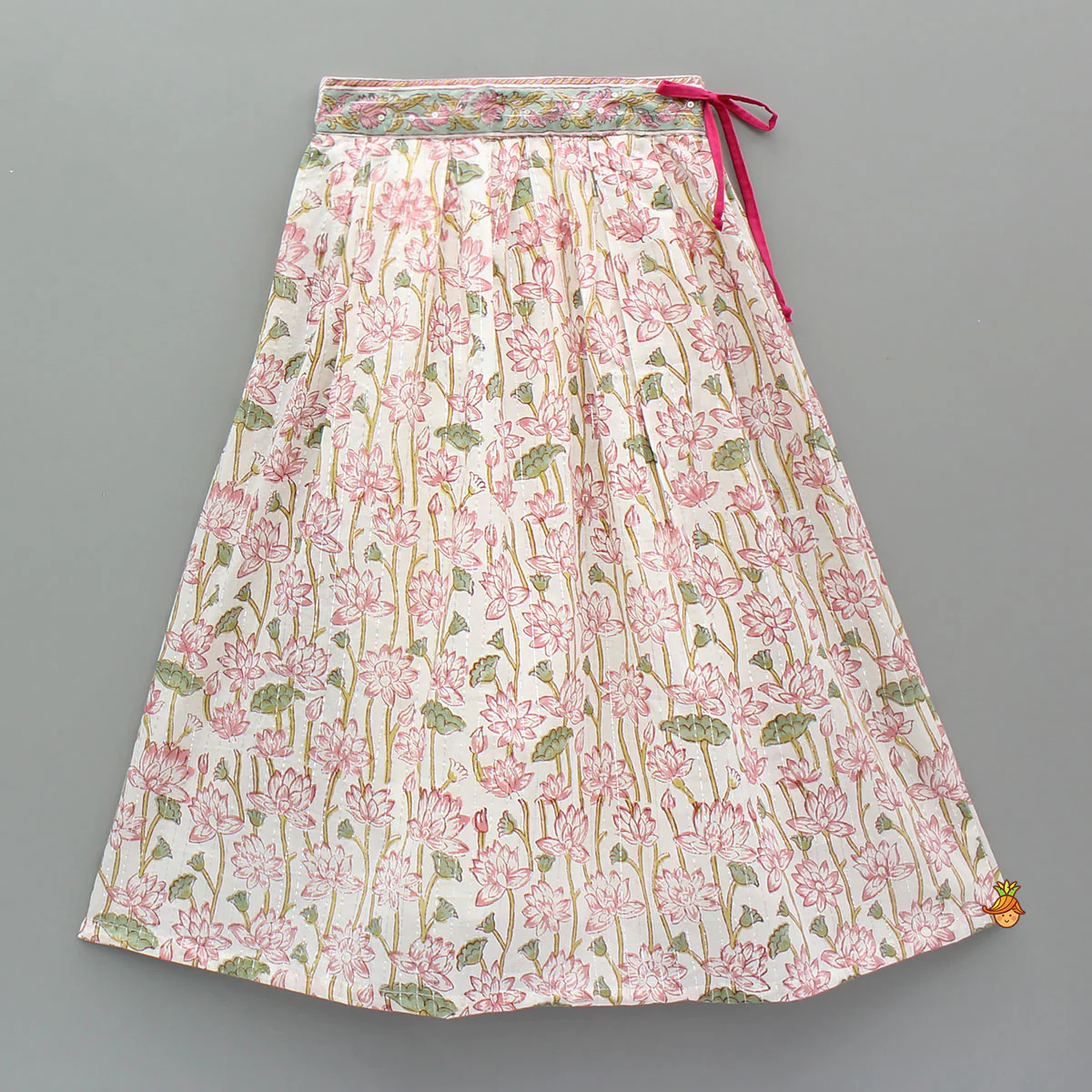 Lurex Striped Hand Block Floral Printed One Shoulder Top And Lehenga With Matching Dupatta - Image 5