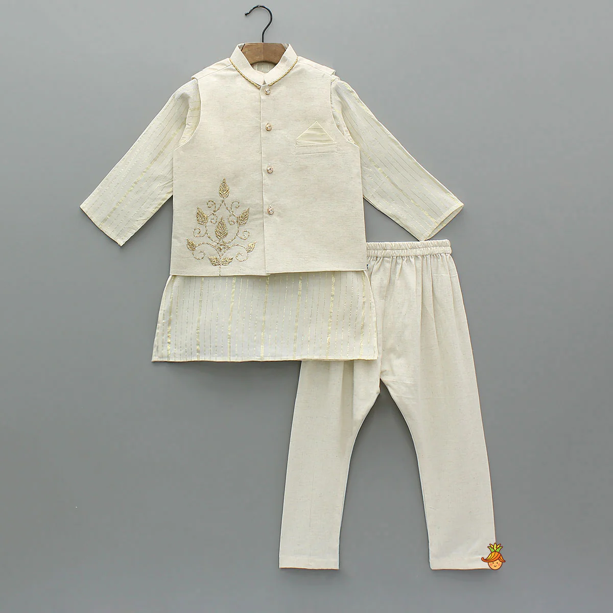 Lurex-Striped Kurta With Gota Leaf Work Jacket And Churidar