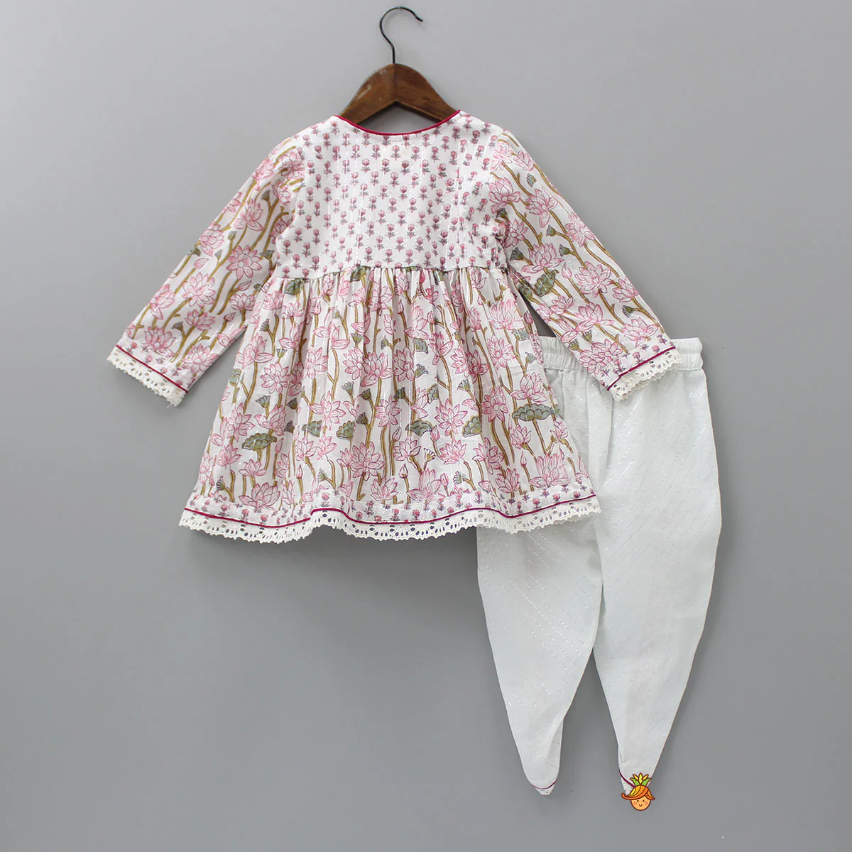 Lurex Striped Pink Hand Block Floral Printed Angarkha Kurti And Dhoti - Image 2