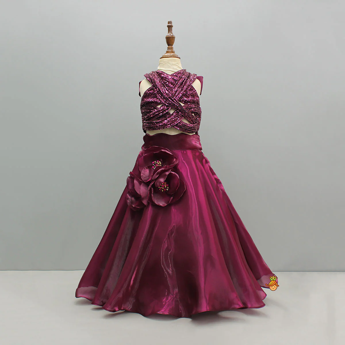Magenta Wine Sequin Embellished Halter Neck Top With Stiff Belt And Lehenga