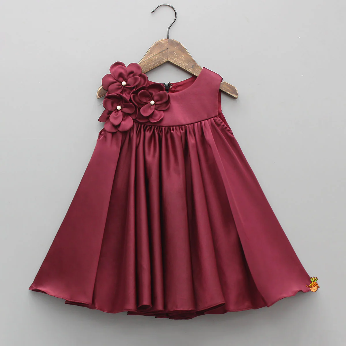 Maroon Flared Dress With Floral Embellishments