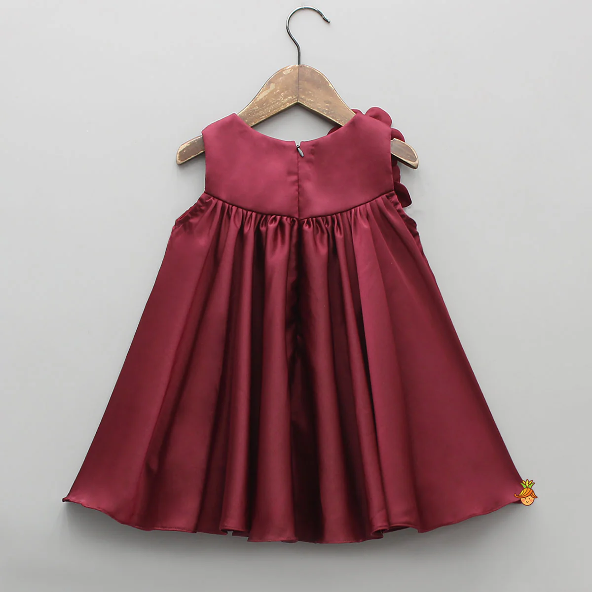 Maroon Flared Dress With Floral Embellishments - Image 2