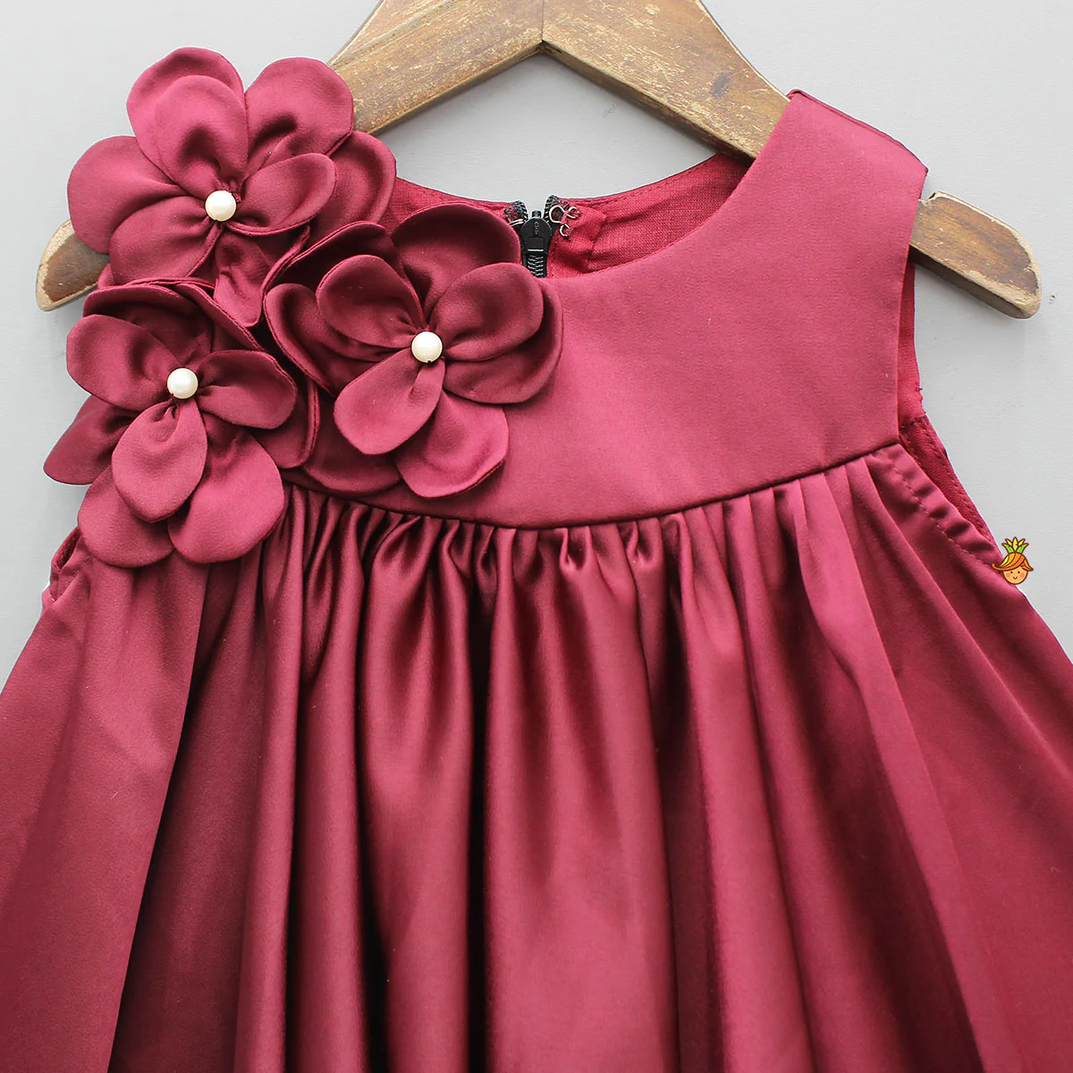 Maroon Flared Dress With Floral Embellishments - Image 3
