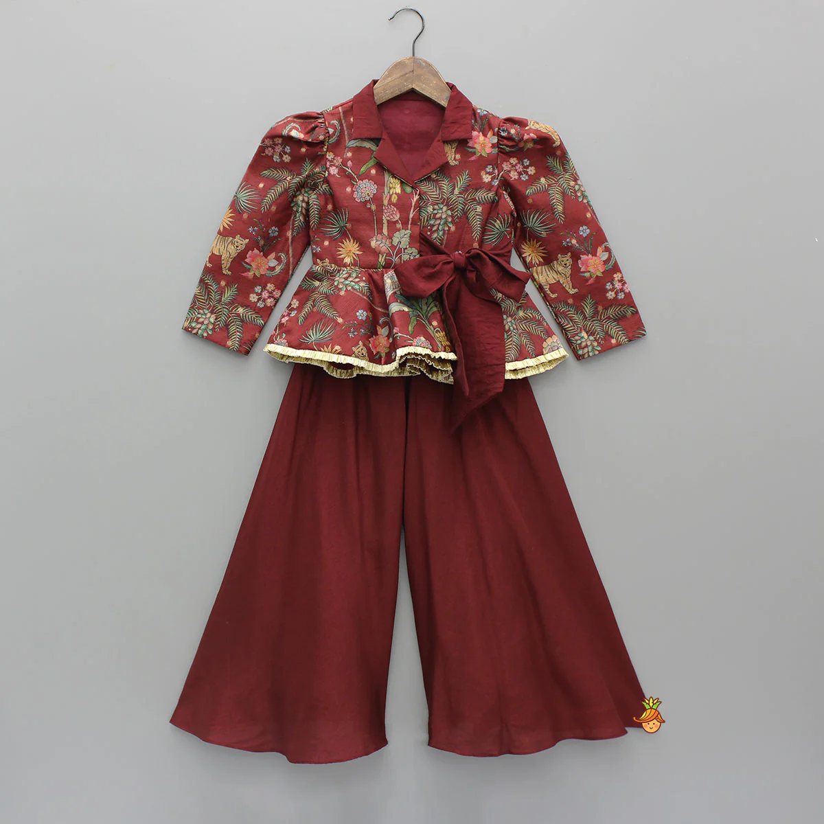 Maroon Printed Jacket Style Peplum Top And Flared Palazzo