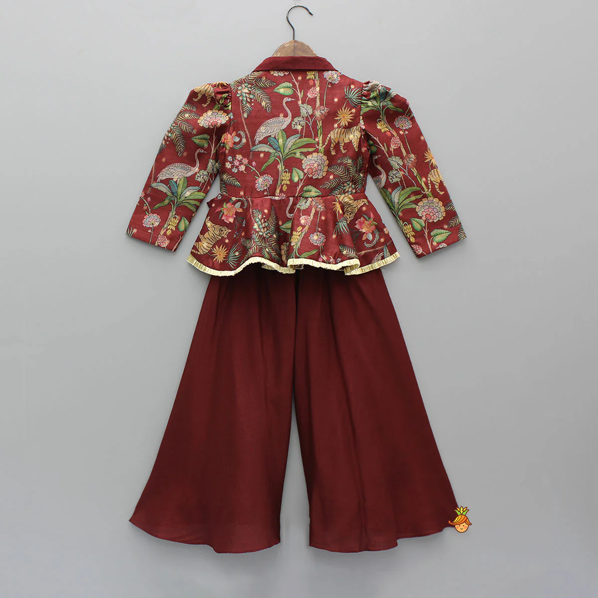 Maroon Printed Jacket Style Peplum Top And Flared Palazzo - Image 2