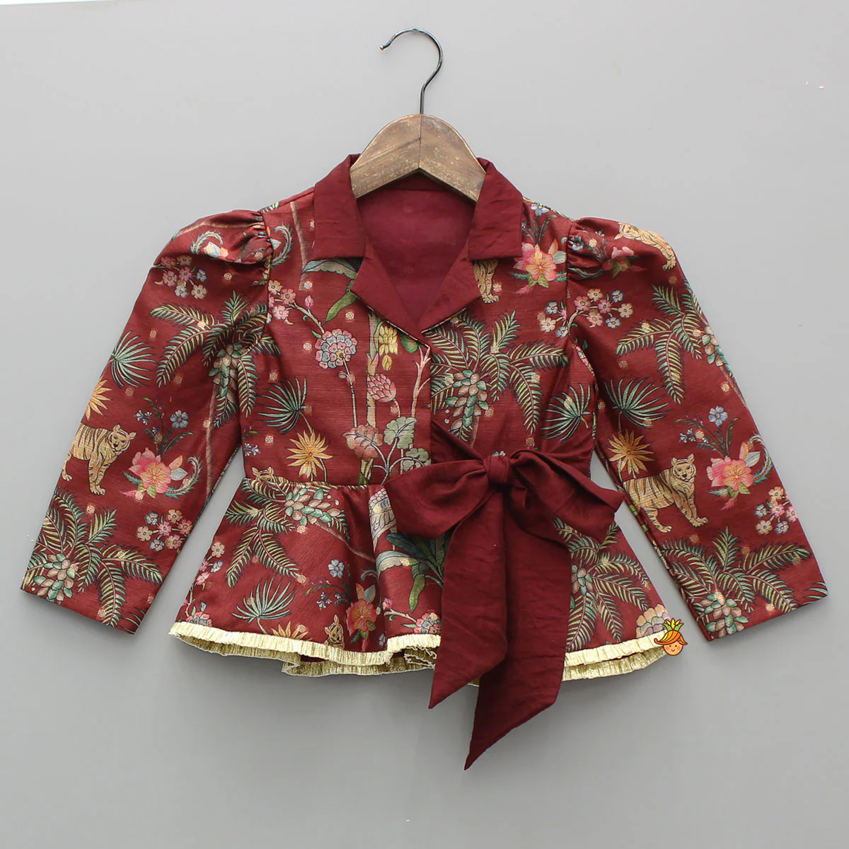 Maroon Printed Jacket Style Peplum Top And Flared Palazzo - Image 3