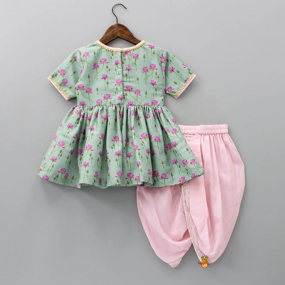 Mint Green Angarkha Style Top And Gota Lace Detailed Baby Pink Dhoti With Matching Mukut - Image 2