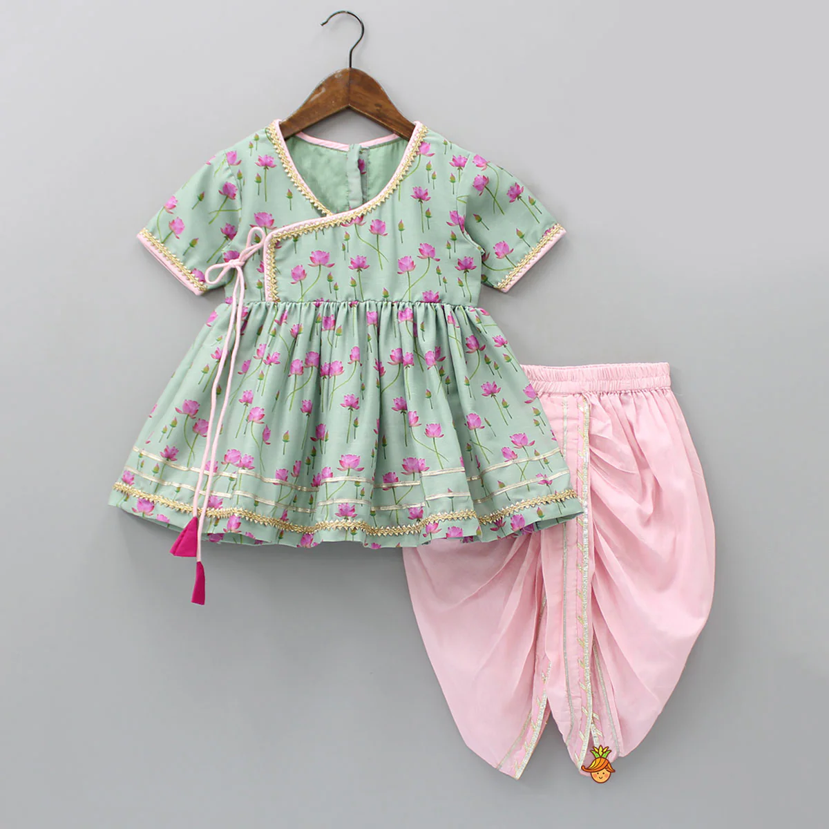Mint Green Angarkha Style Top And Gota Lace Detailed Baby Pink Dhoti With Matching Mukut - Image 3