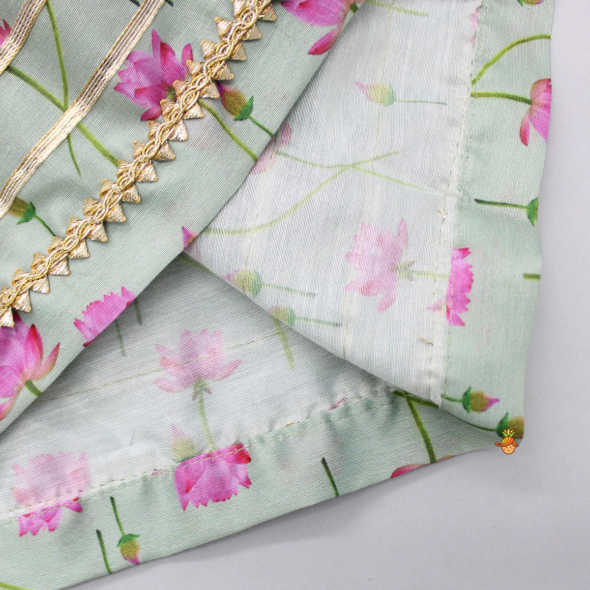 Mint Green Angarkha Style Top And Gota Lace Detailed Baby Pink Dhoti With Matching Mukut - Image 6