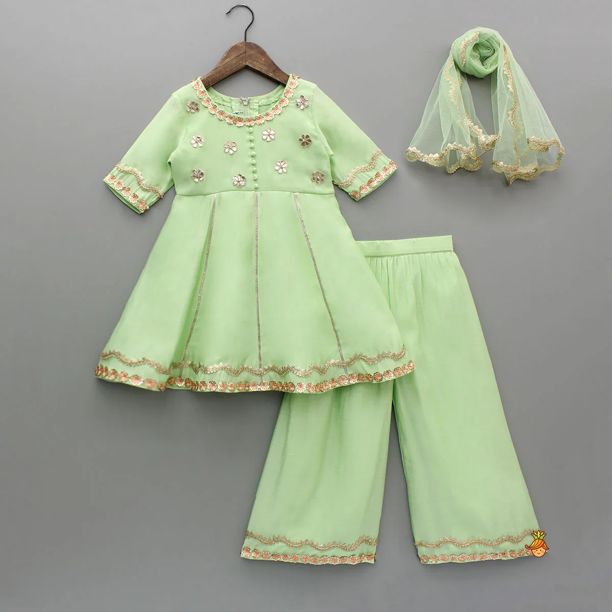 Mint Green Lace Embellished Kurti With Palazzo And Dupatta