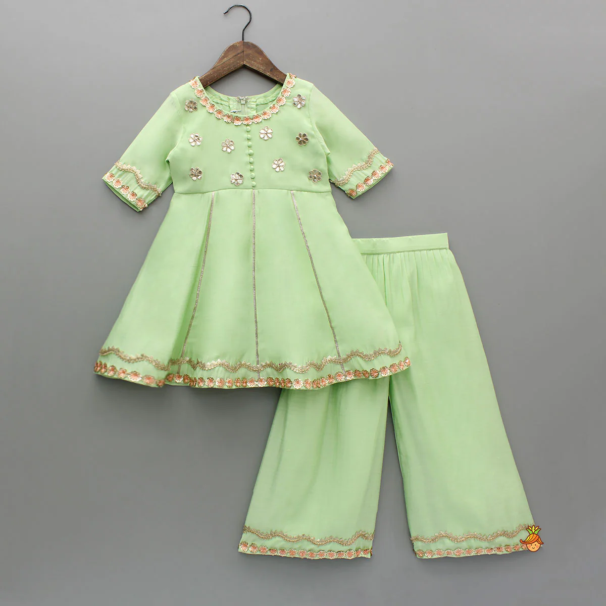 Mint Green Lace Embellished Kurti With Palazzo And Dupatta - Image 3