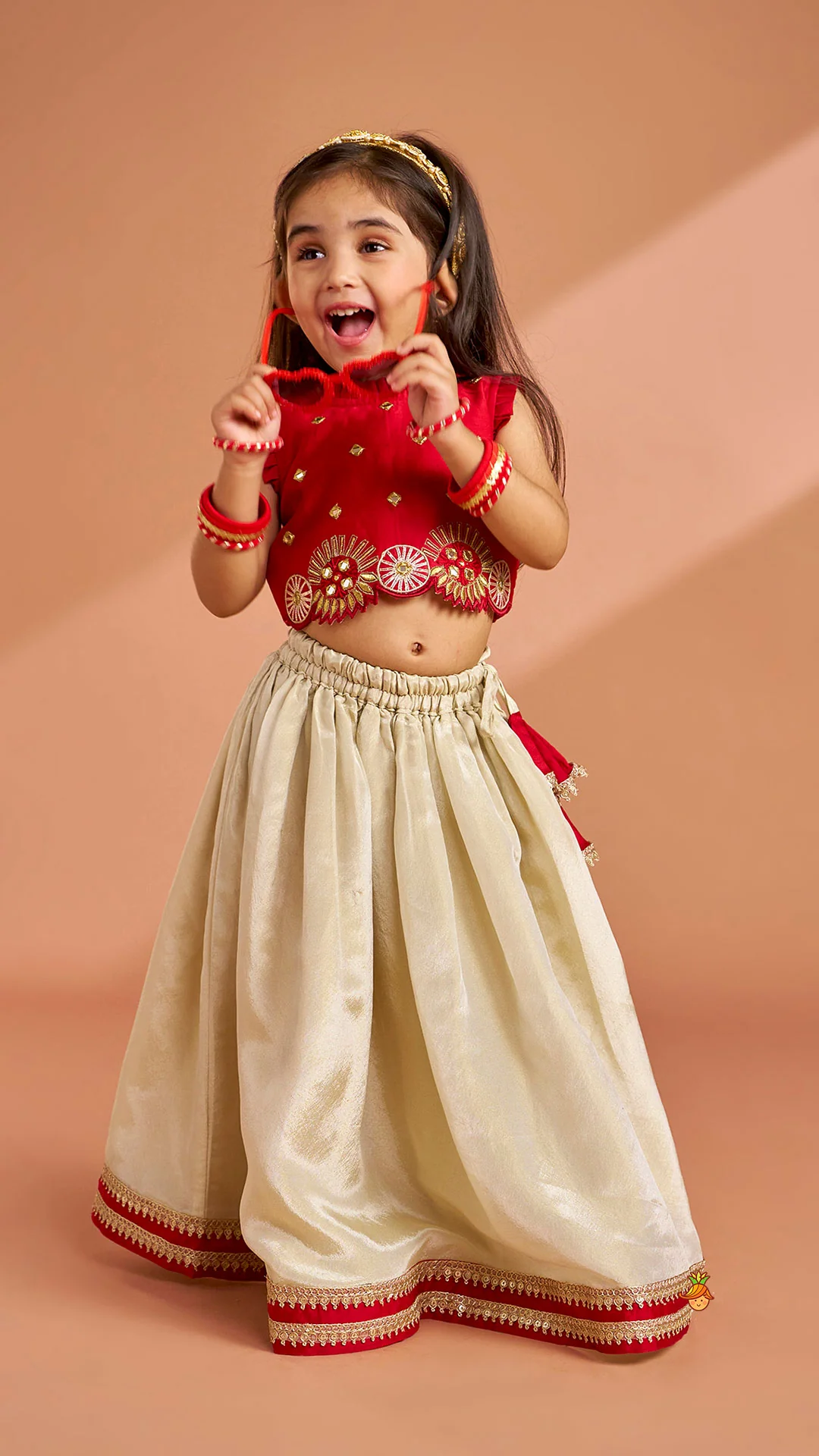 Mirror Work Pleated Top And Shimmery Lehenga - Image 2