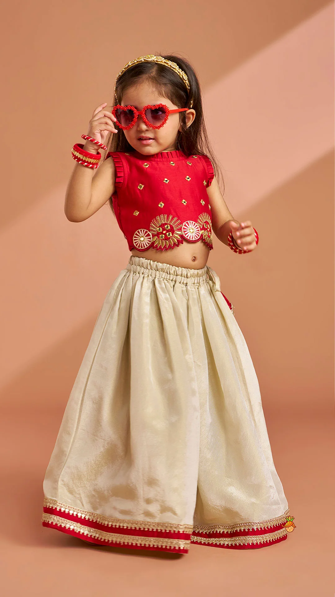 Mirror Work Pleated Top And Shimmery Lehenga - Image 3