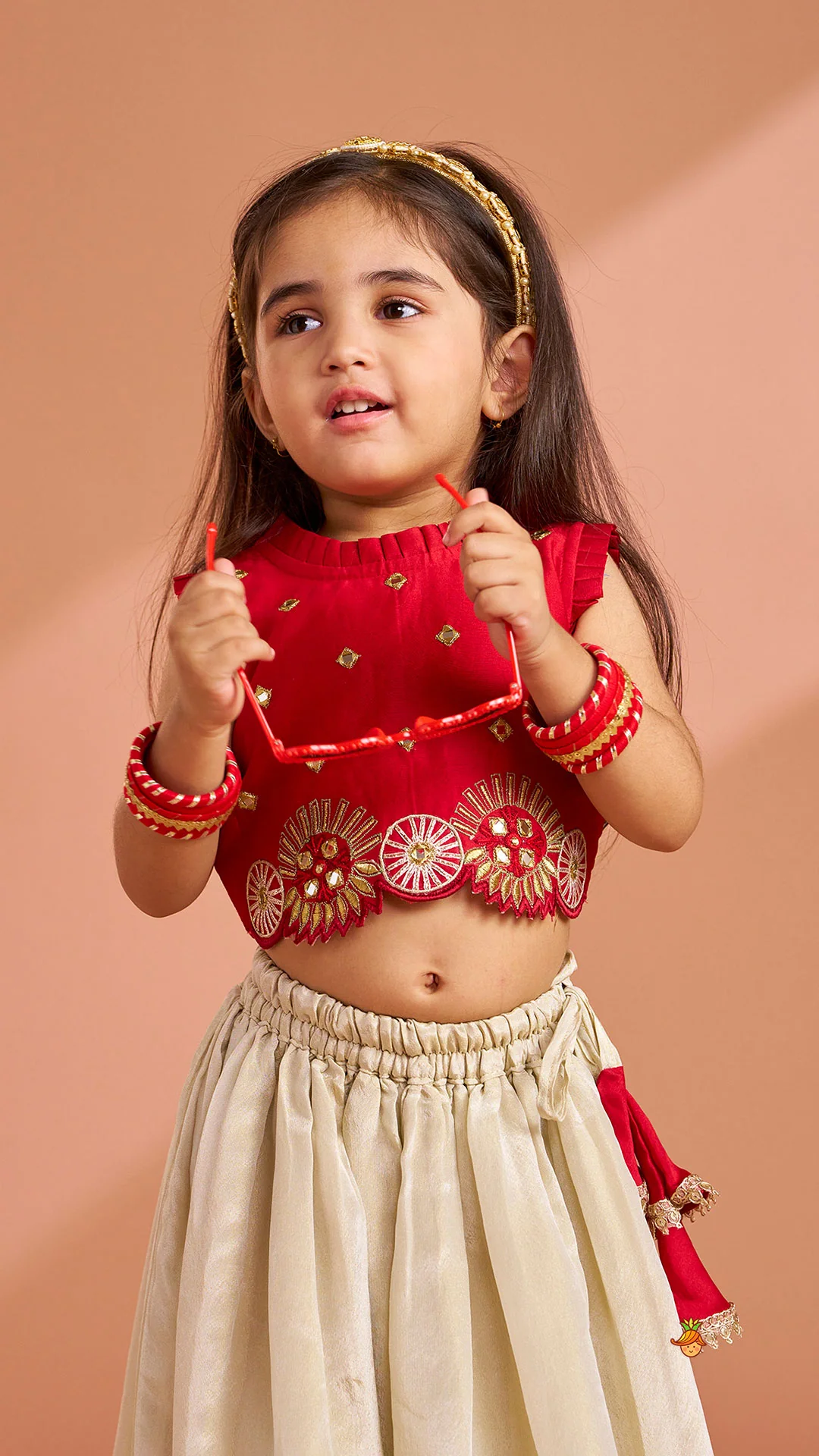 Mirror Work Pleated Top And Shimmery Lehenga - Image 4