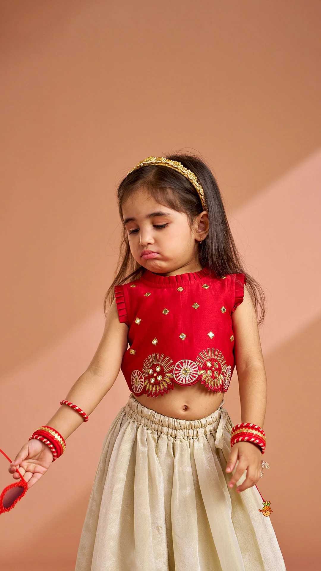 Mirror Work Pleated Top And Shimmery Lehenga - Image 7