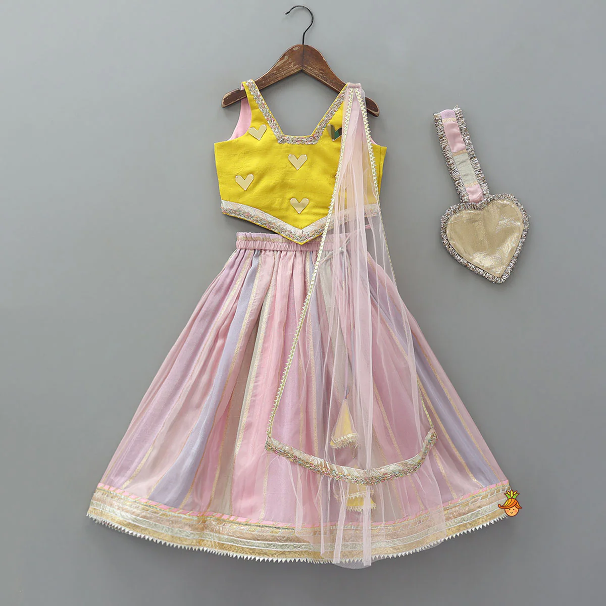 Mirror Work Top And Shimmery Lehenga With Detachable Dupatta And Heart Shaped Bag